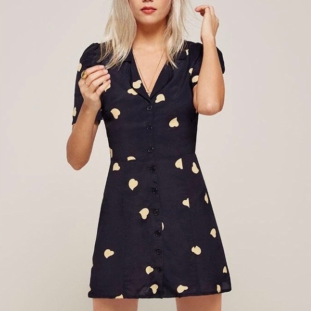Reformation Faux Wrap Dress, Gold and Navy, Size 4